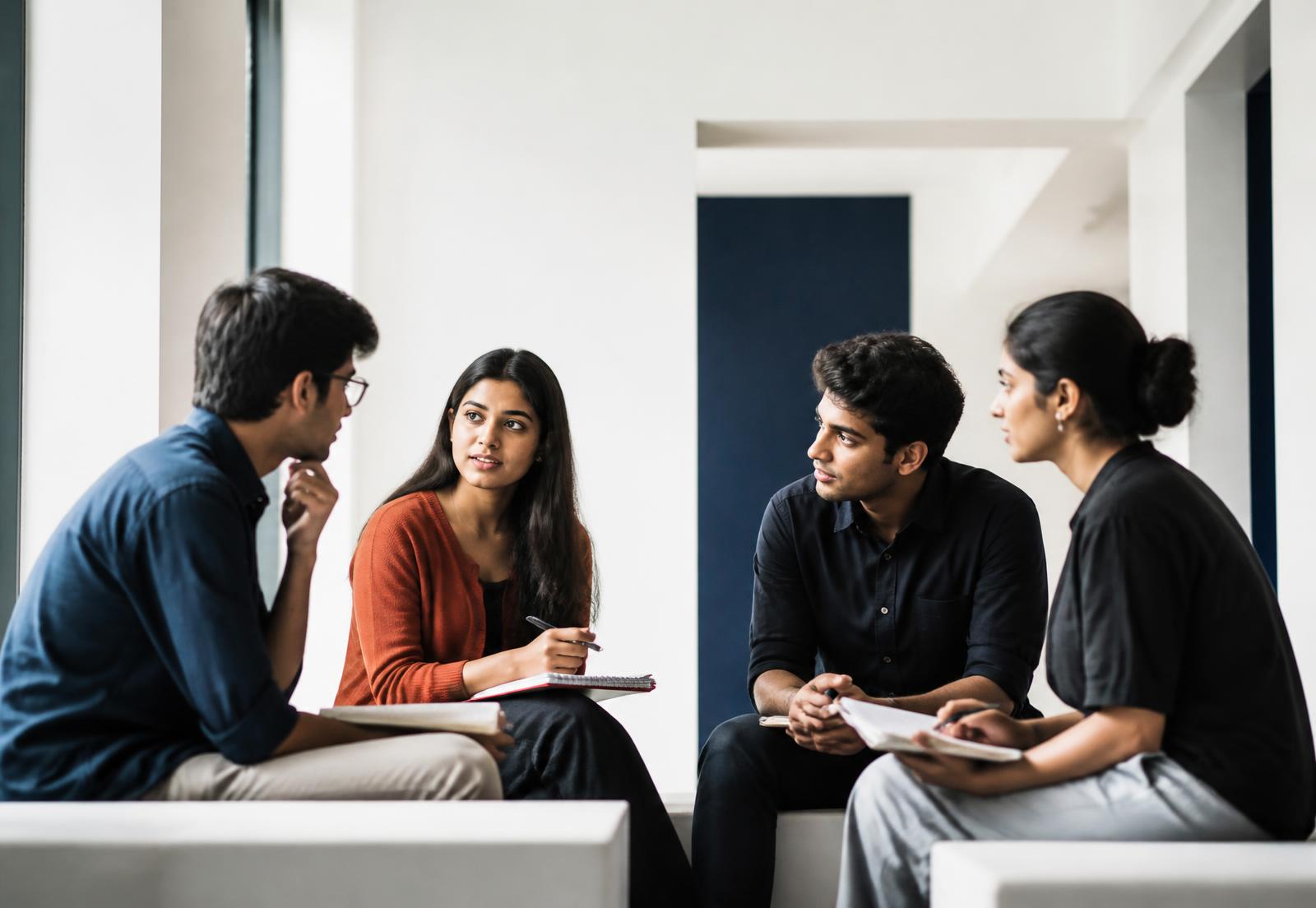 Young adults sharing ideas in a bright learning space